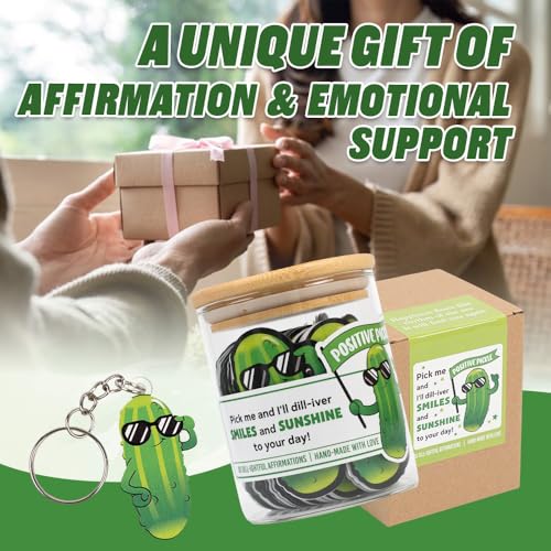 Pickle Glass Jar with Affirmation Cards & Keychain - Emotional Support Gift for Women