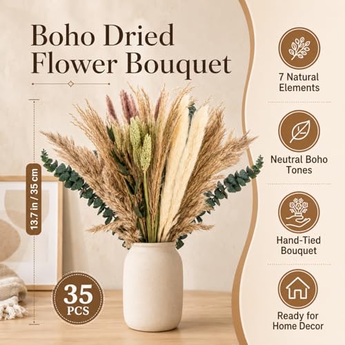 35PCS Dried Pampas Grass and Flower Bouquet for Home Decor