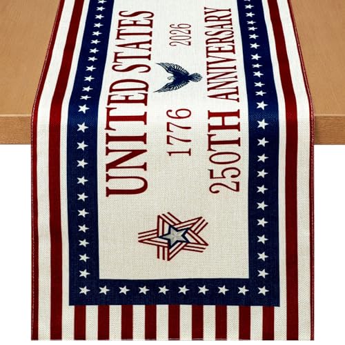 Patriotic Table Runner for 4th of July | 72 x 13 Inch Linen Decor