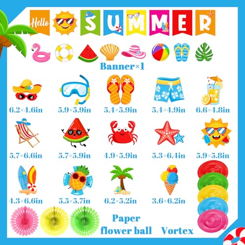 Summer Party Decorations Set with Banner, Garlands, Swirls & Paper Fans