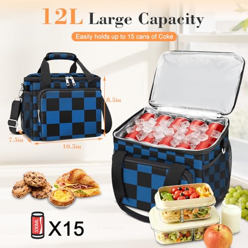 Coobiiya Insulated Lunch Box for Men & Women - 12L Denim Check