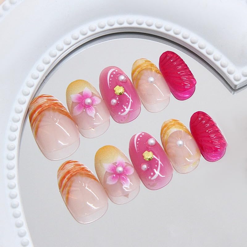 Short Almond French Tip Press on Nails with Pearl 3D Flower Design