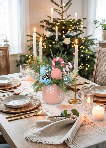 Christmas Centerpieces for Tables with Pink & Blue Ceramic Vase - Holiday Table Decor, Pine Branches & Candy Cane Accents