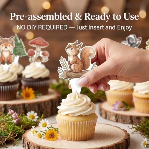 Woodland Baby Shower Cupcake Toppers 36 Pieces, Forest Animal Decor, Pre-Assembled