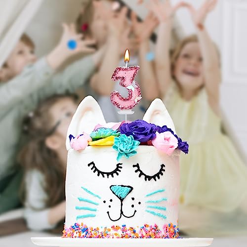 Pink Butterfly Number Candle 3 - 2.7 Inch Glitter Cake Topper