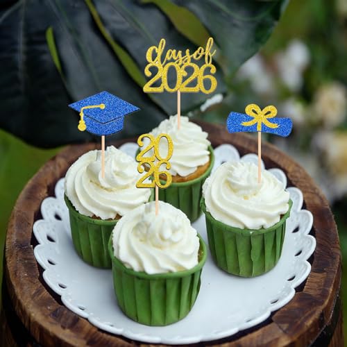24Pcs Graduation Cupcake Toppers - Class of 2026 Black & Gold