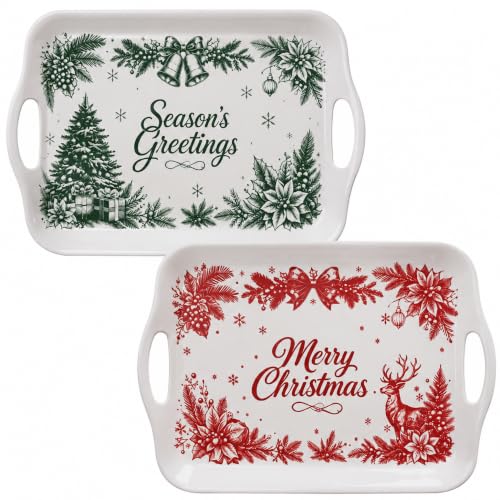 Christmas Melamine Serving Trays with Handles - 16 x 11.4 Inches Set of 2 - Festive Holiday Pattern