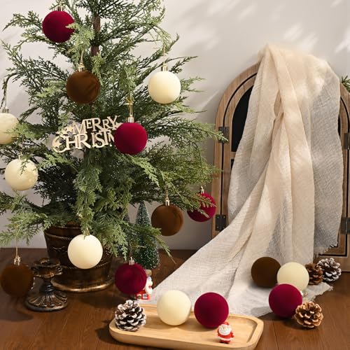 50 Pcs Velvet Christmas Ornaments Balls - Burgundy, Brown, Beige, 2.36 Inch - Holiday Decor