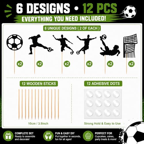 Soccer Cupcake Toppers - 12 Pcs Black Glitter Birthday Party Decor