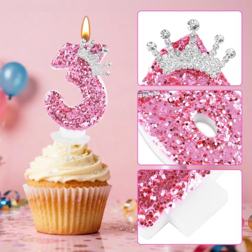 AndiluluBear Pink Number 3 Birthday Candle with Glitter Crown - Princess Cake Topper