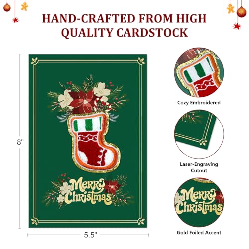 Embroidered Christmas Card with Stocking & Gold Envelope