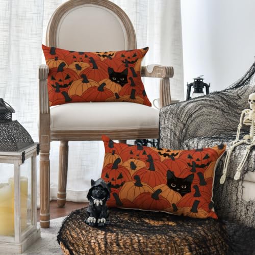 AVOIN colorlife Halloween Pumpkin Black Cat Throw Pillow Covers, 12x20, Set of 2