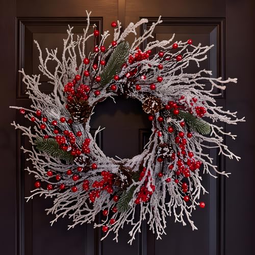 22-Inch Christmas Wreath for Front Door with Branch Variation - Pre-Lit Holiday Decor