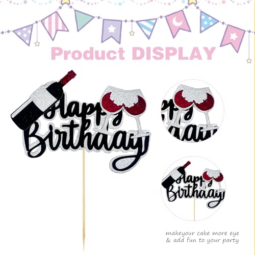 Black Glitter Happy Birthday Cake Topper with Wine Glasses