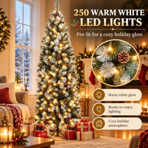 6ft Pre-Lit Slim Artificial Christmas Tree with 250 LED Lights Frosted Tips Pinecones - Green & White, 595 Tips