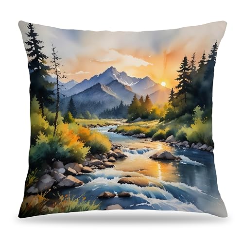 Boho Abstract Mountain Pillow Cover 18x18 - Watercolor Nature Decor