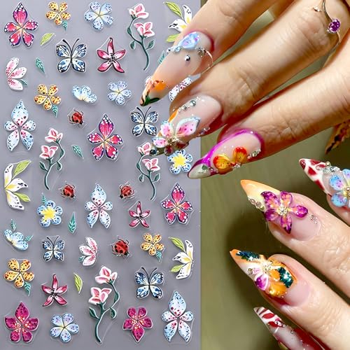 Quezadyl 3Pcs 5D Embossed Flower Nail Stickers Tropical Floral Decals