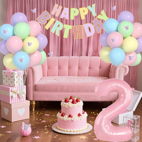 Yumiche 2nd Birthday Decorations for Girl - Pastel 2nd Birthday Party Set with Balloons & Banner (2-pastel / 2nd)