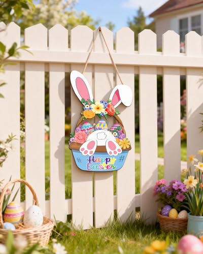 Wooden Easter Wreath - Happy Bunny Basket Door Decoration
