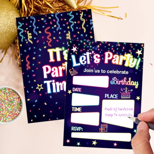Neon Birthday Invitations with Envelopes - 20 Pack for Kids Parties