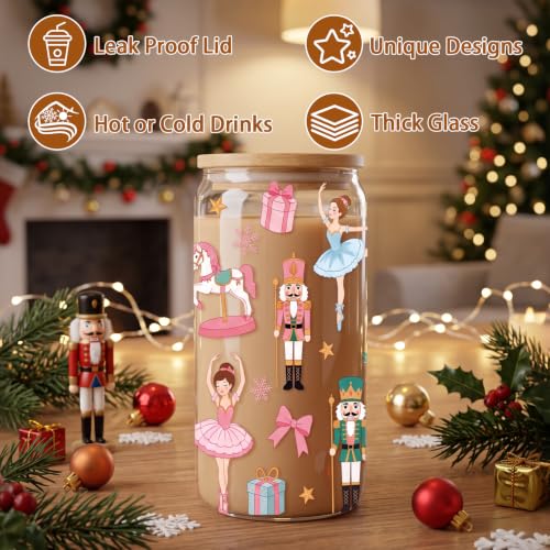 Nutcracker Christmas Glass Cup with Lid and Straw - Holiday Gift - Variation of Nutcracker 367