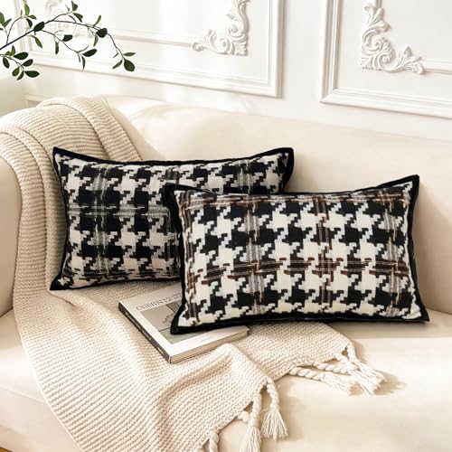Mussepera Houndstooth Lumbar Pillow Cover, Black Brown 12" x 20" Velvet Back
