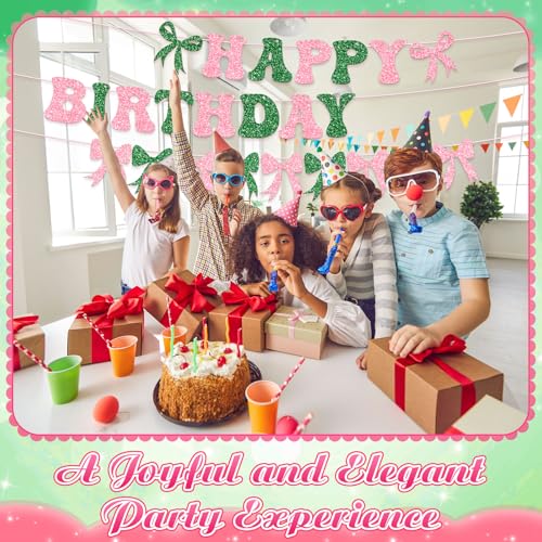 Pink and Green Bow Birthday Banner Garland - 3 Pre Strung Glitter Decorations