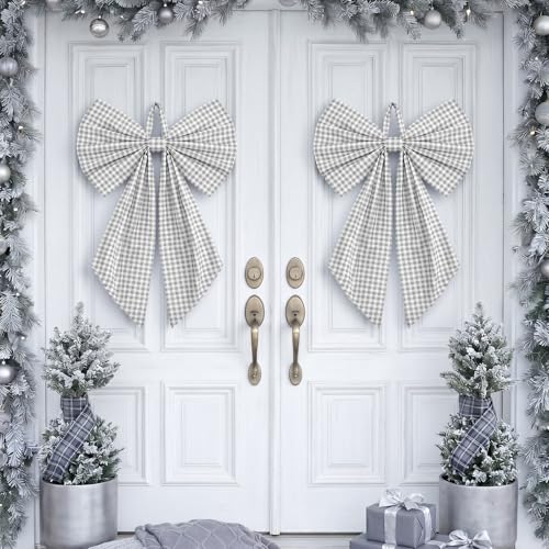 Grey Christmas Gingham Wreath Bow | 18" x 12" Holiday Door Decor