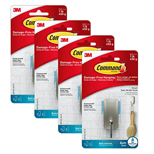 Command Satin Nickel Bath Hooks, 4 Pack - Damage-Free Organization