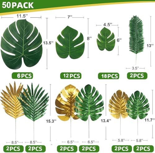50pcs Artificial Palm Leaves Set, Green & Gold Tropical Jungle Decor