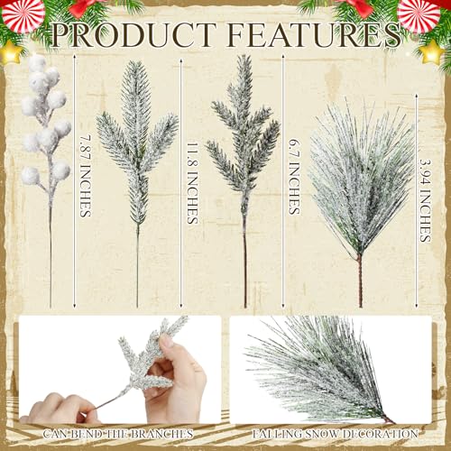 White Snowy Pine Tree Picks & Berry Stems - Christmas Decor - 80 Pcs