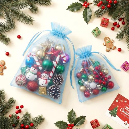 FUNFERY 100-Pack Baby Blue Organza Bags, 3x4 Inch Small Mesh Drawstring Gift Bags