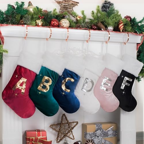 Christmas Stocking Black Velvet Gold Sequin Monogrammed 20 Inches - Letter M