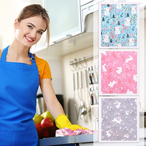 Easter Dish Cloths Set - 6 Reusable Kitchen Towels with Bunny & Egg Designs