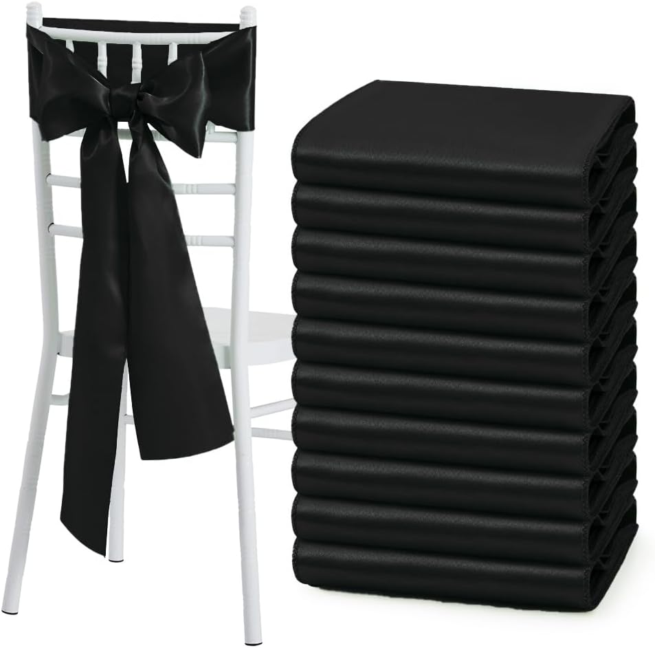Skiennix Black Satin Chair Sashes - Elegant Bows for Weddings & Events | 6 x 108 Inch