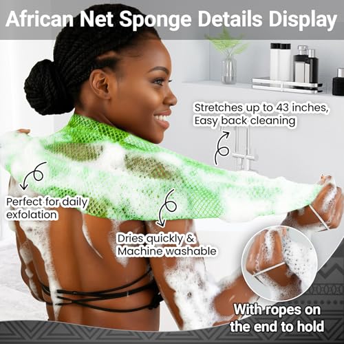 African Exfoliating Net Sponge 2-Pack - Extra Long Body Scrubber for Shower