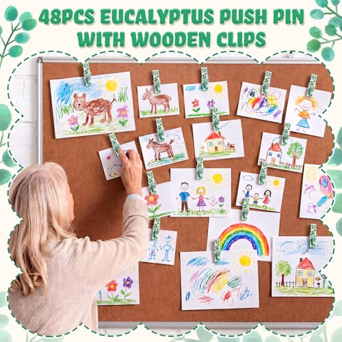 Sabary 48 Pcs Eucalyptus Leaf Push Pin Clips for Bulletin Board & Photos