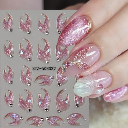 BYJKYEN 5D Embossed Mermaid Nail Stickers Self Adhesive Ocean Decals