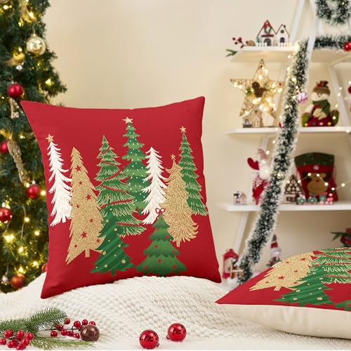 Christmas Pillow Covers 18x18 Inch Set of 2 - Festive Red & Green Holiday Decor