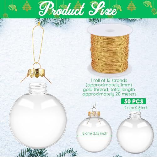 50 Pcs 3.15 Inch Clear Refillable Christmas Plastic Ornaments Rainbow Ball with Lid & Rope
