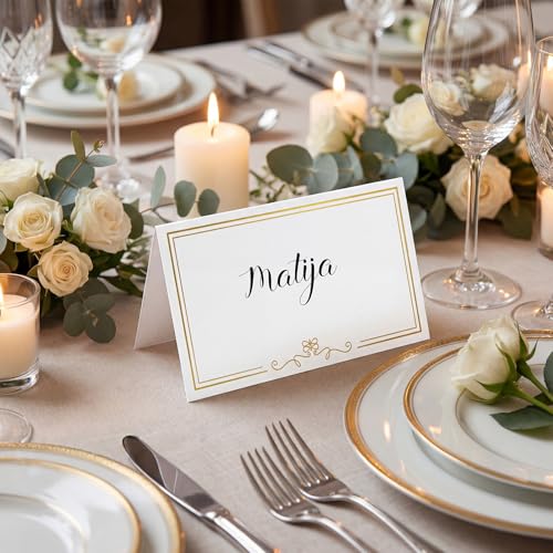 150 White Place Cards with Gold Foil Border for Table Setting