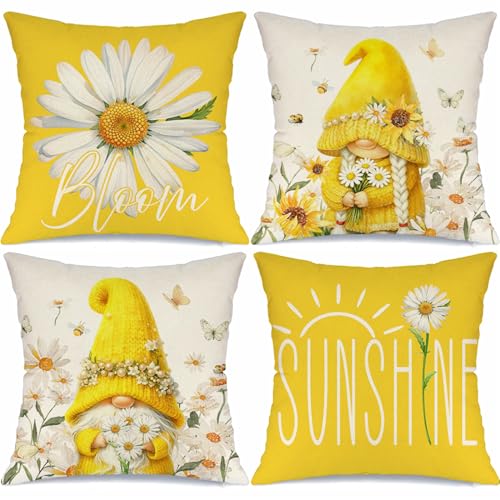 MODOVOS Spring Summer Floral Daisy Gnomes Throw Pillow Covers Set of 4