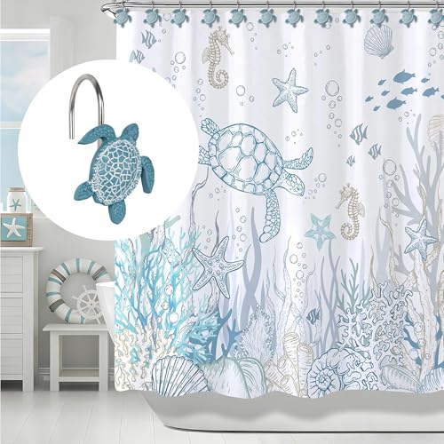 Sunlit Ocean Teal Sea Turtle Shower Curtain Hooks 12 Pack - Nautical Bathroom Decor