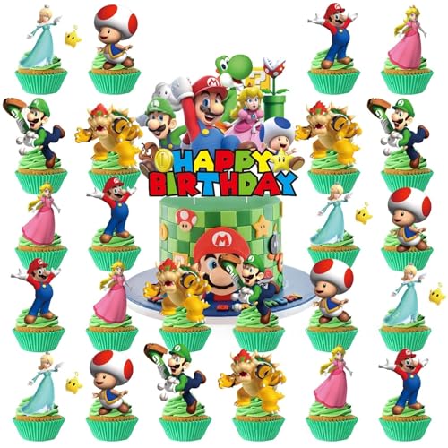 25PCS Mario Cake Toppers - Cartoon Cupcake Decorations for Parties