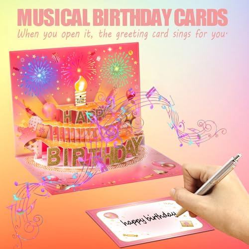 Pop Up Birthday Card for Women - Pink LED Light & Music