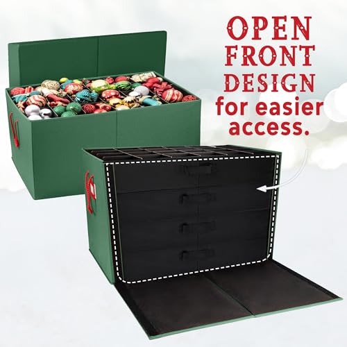 HOLDN’ STORAGE Christmas Ornament Storage Box with Dividers - Holds 96 Large 3-Inch Ornaments, Green, with 4 Trays