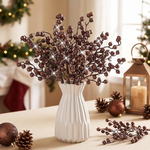 Christmas Berry Picks Set - 12 Artificial Glitter Brown Berry Stems