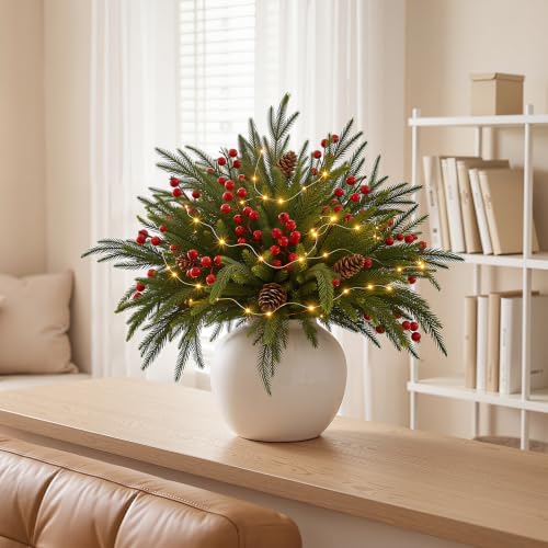 Christmas Pine Branches & Red Berries with Lights - B Style, 12-Piece