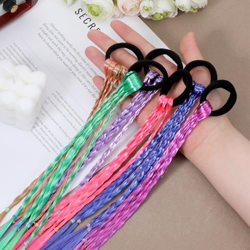 JJUNW 6-Piece Colorful Braided Hair Extensions 17-Inch Rainbow Ponytail