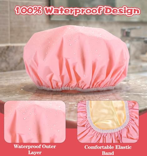 Waterproof Reusable Shower Caps for Women - 2 Pack Large Elastic Hair Cap